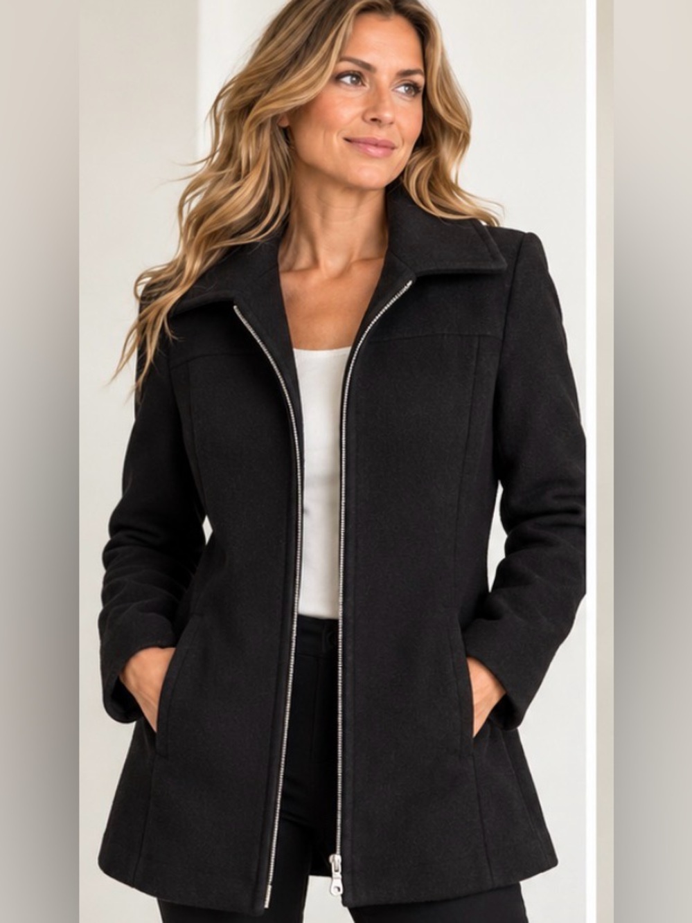 22” ptp Studio London Women's Wool Blend Zip Front Coat Black Wool Blend Zip Coa